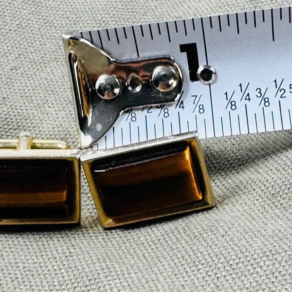 VTG Tigers Eye Gold Tone Rectangular Cufflinks Bullet Back MCM Dad Father Exec